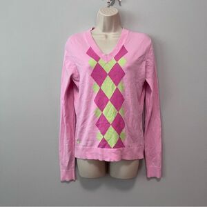 Lilly Pulitzer V-Neck Argyle Pink/Lime Green Sweater Size S